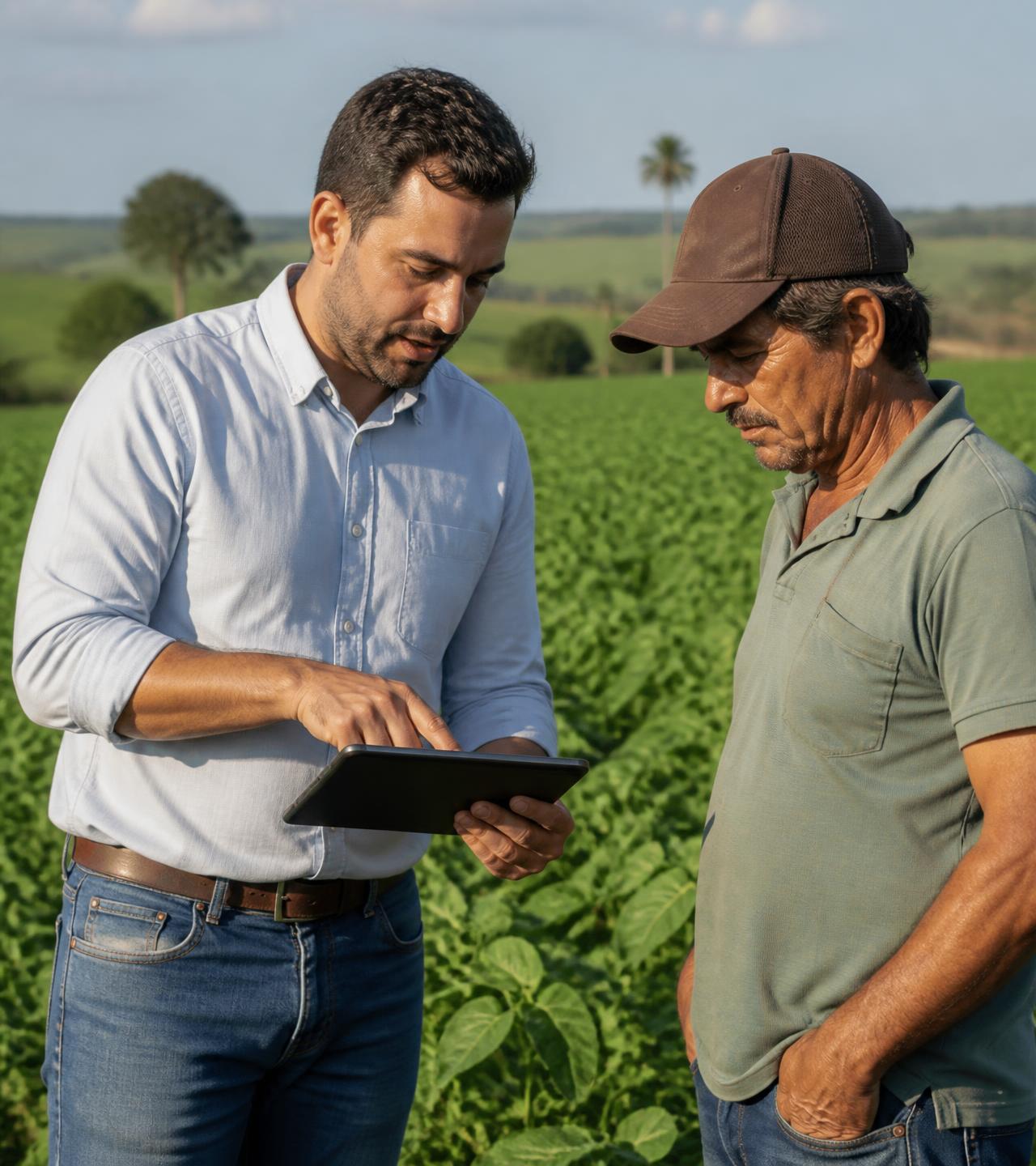 Consultor técnico apresentando informações de um projeto a um produtor rural em lavoura